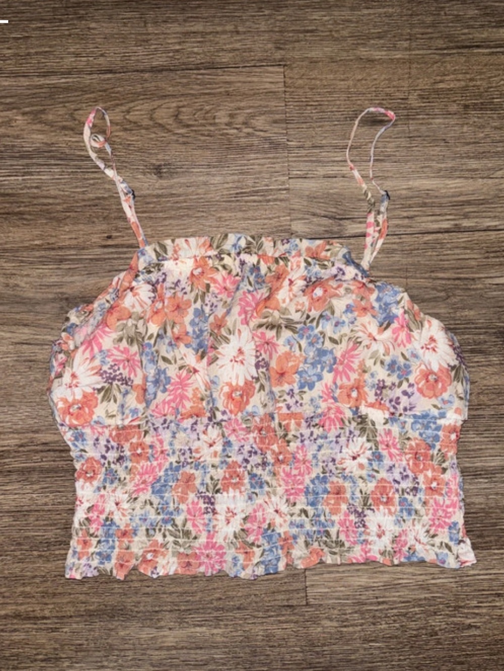 BE COOL Floral Smocked Crop Top in Coral, Blue & Pink